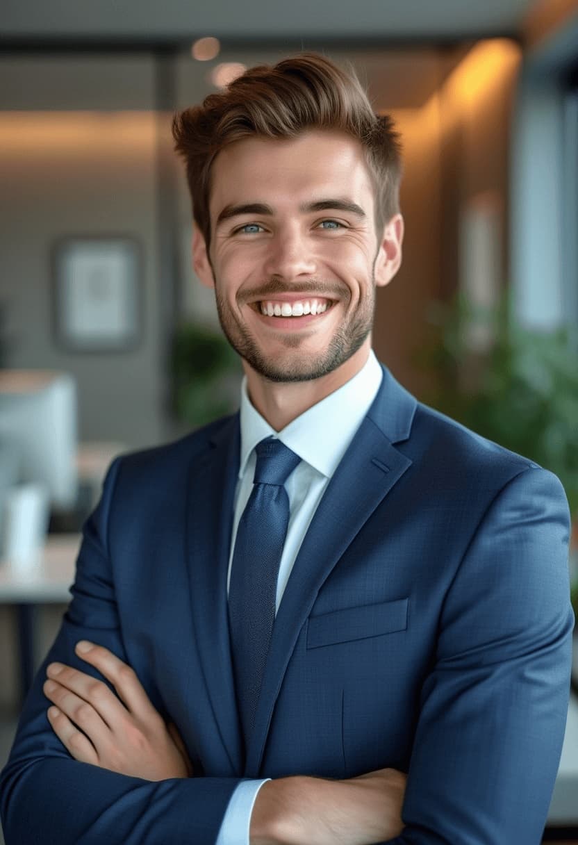 Generated with AiPhotoGenPro.com AI Flux models - HDR photo of handsome young man with business suits, happy and smiling, fair complexion. In a modern office environment