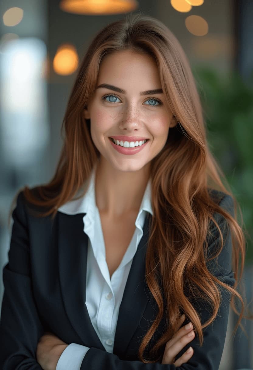 Generated with AiPhotoGenPro.com AI Flux models - HDR photo of beautiful young woman with business suits, happy and smiling, long bronze hair, light-blue eyes, fair complexion, (freckles:0.5), light makeup, light colored lipstick. In a modern office environment