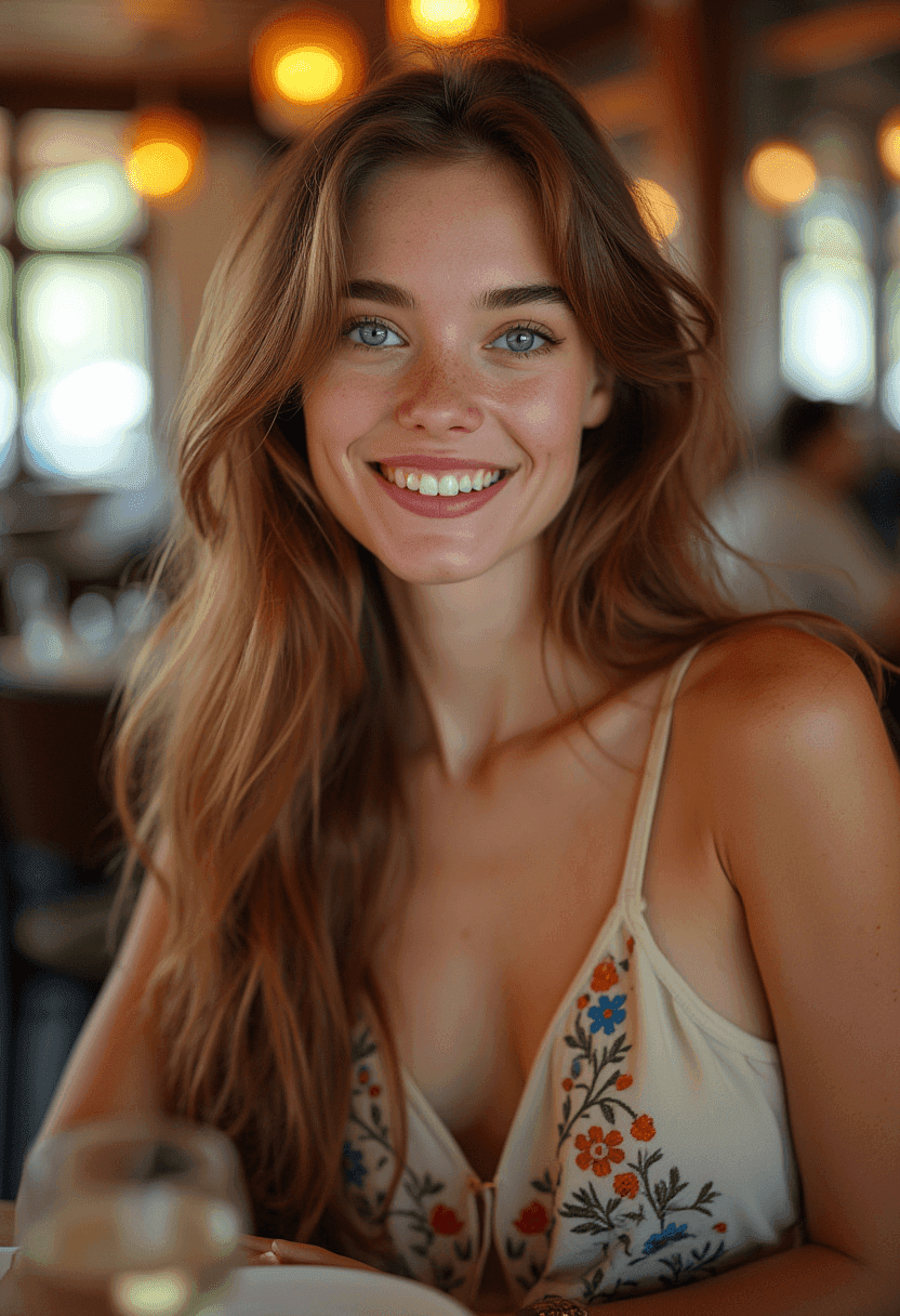 Produced by aiphotogenpro.com AI models: A vibrant HDR photo of a smiling young woman with long bronze hair and light-blue eyes, dining with friends in a busy restaurant.